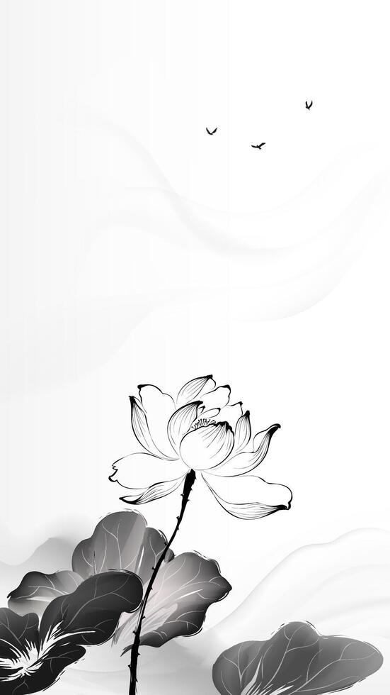 Vertical version of Chinese ink painting style lotus and landscape vector
