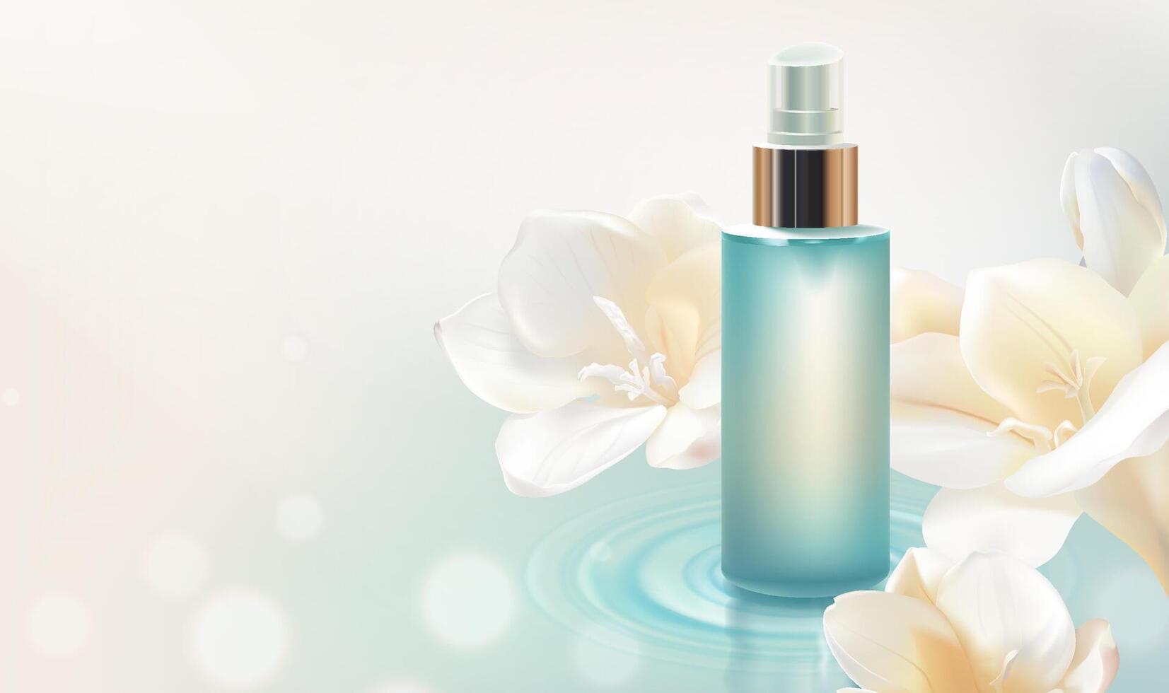 Horizontal cosmetic advertisement template with light green bottle design vector