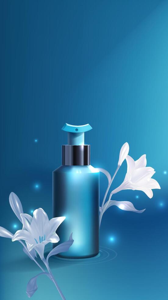 Vertical template for cosmetic advertisements and blue bottle packaging design vector