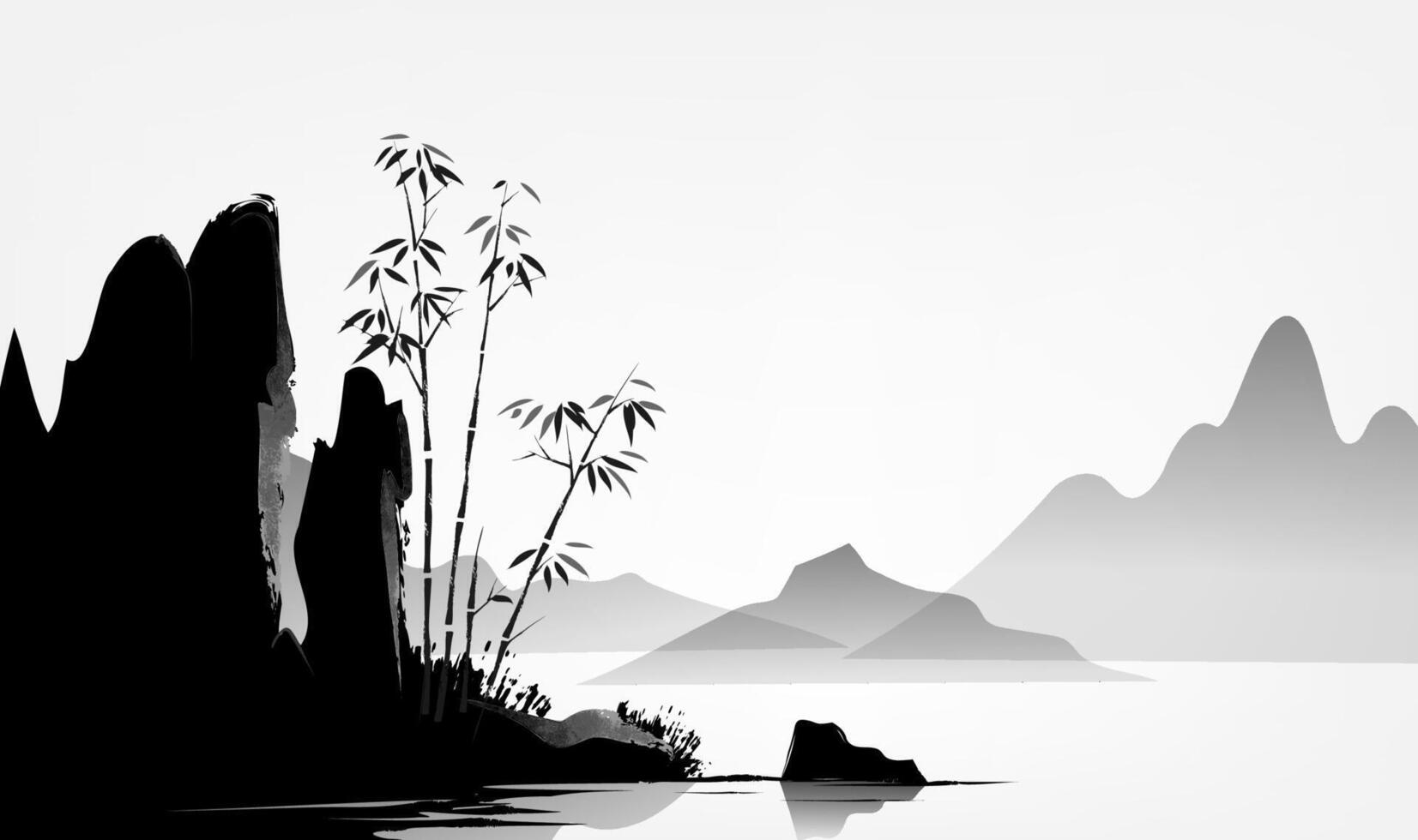 Horizontal watercolor ink art illustrations of bamboo and landscape vector