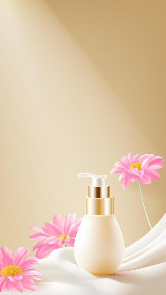 Vertical template for cosmetics advertisements and beige bottle packaging design vector