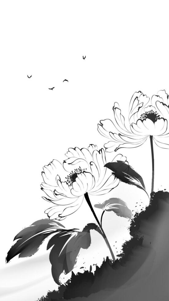 vertical watercolor and ink painting art illustration of peony flowers vector