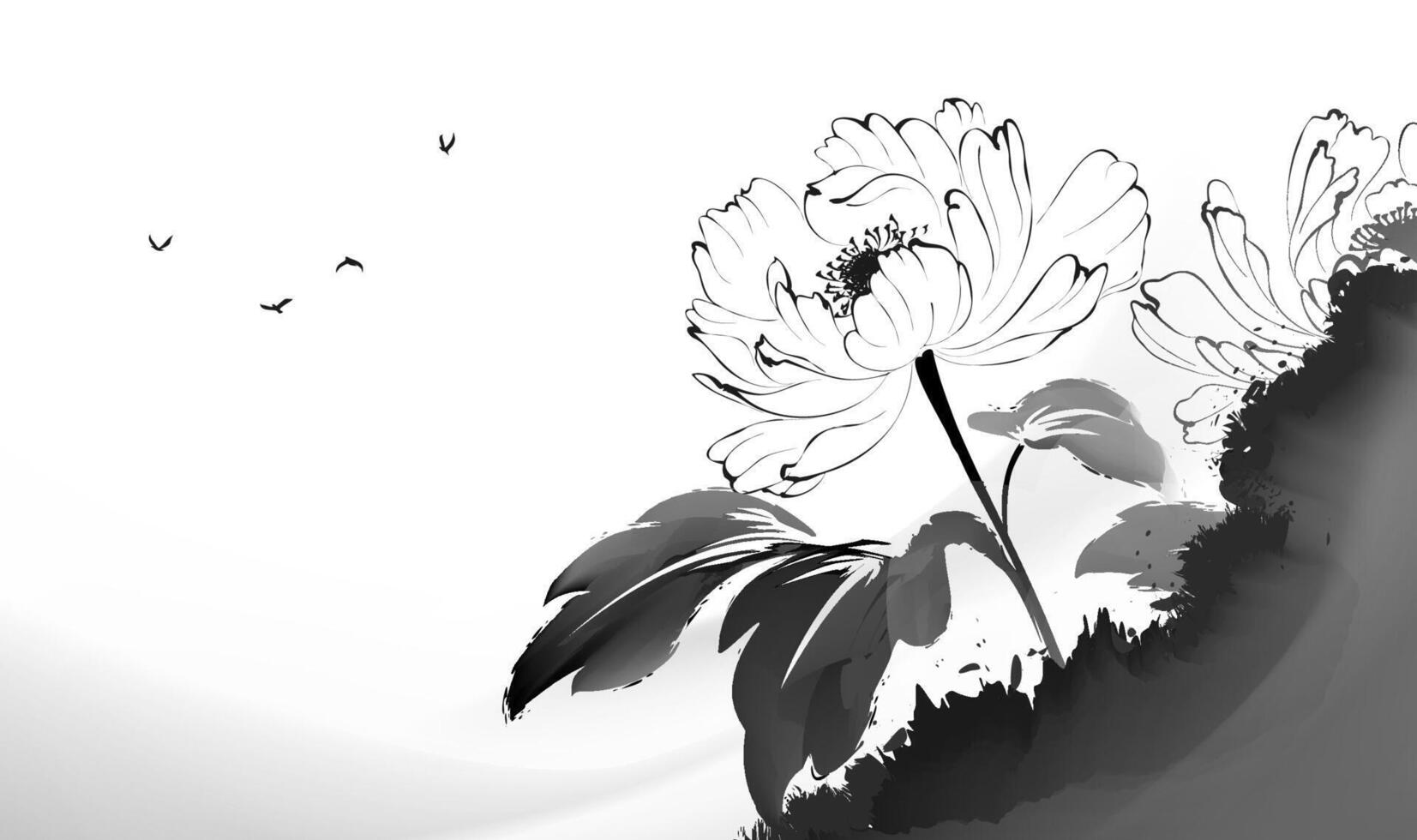 Horizontal watercolor and ink painting art illustration of peony flowers vector