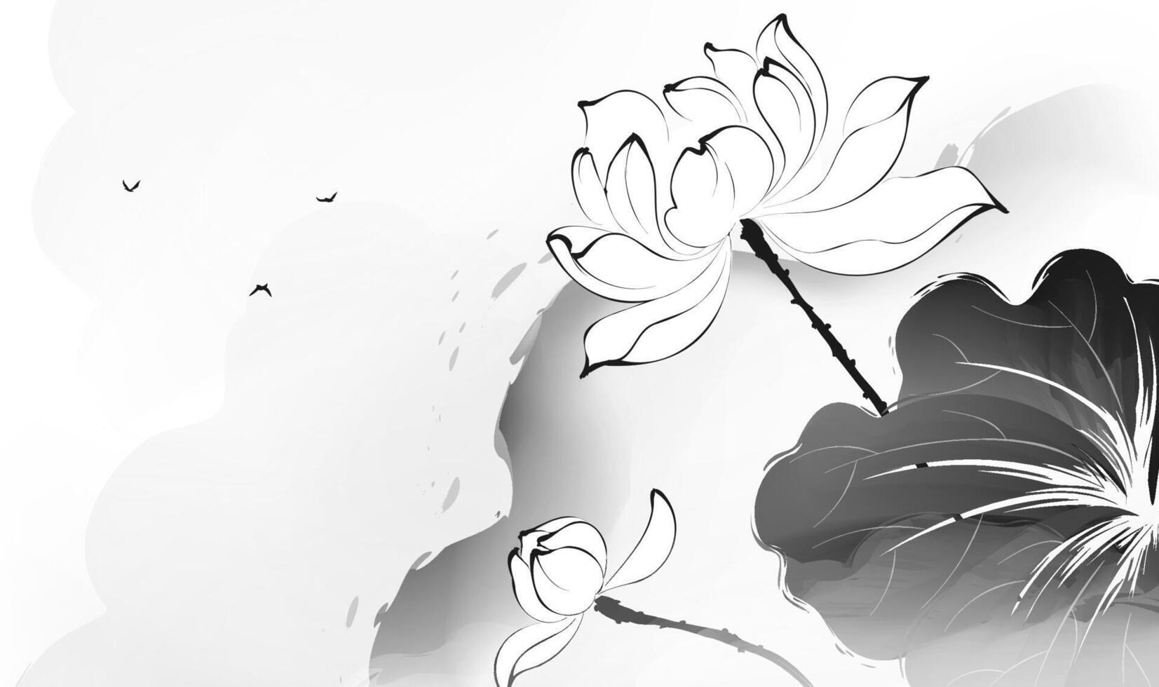 A horizontal Chinese-style ink-wash painting featuring lotus flowers and landscapes vector