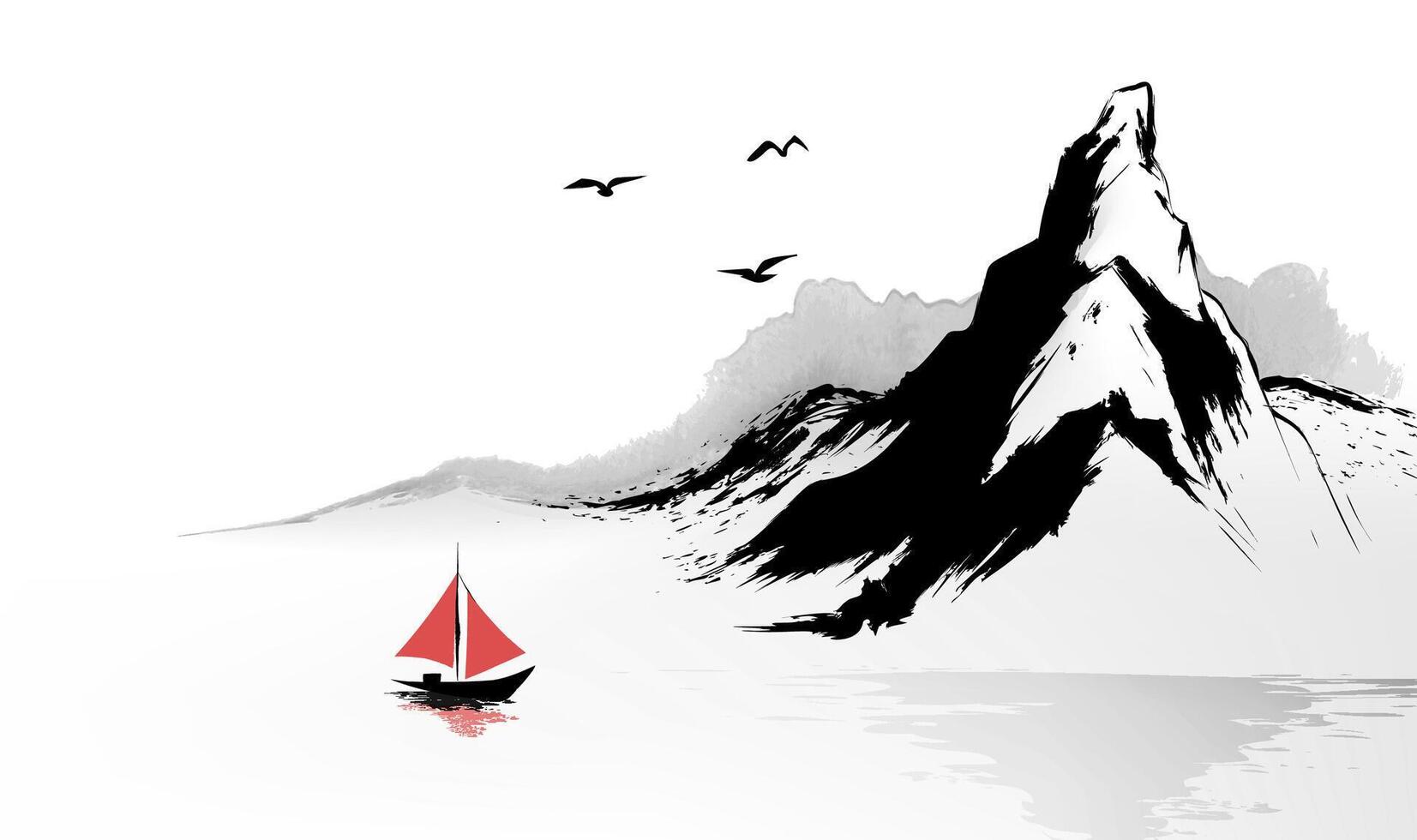 Horizontal watercolor ink art illustrations of landscape and boat vector