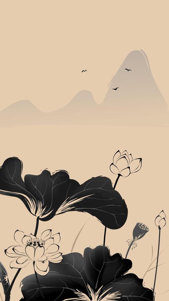Vertical version of Chinese style ink painting Lotus and landscape vector