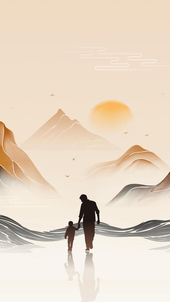 Father's Day vertical illustration of landscapes and silhouettes of father and son vector