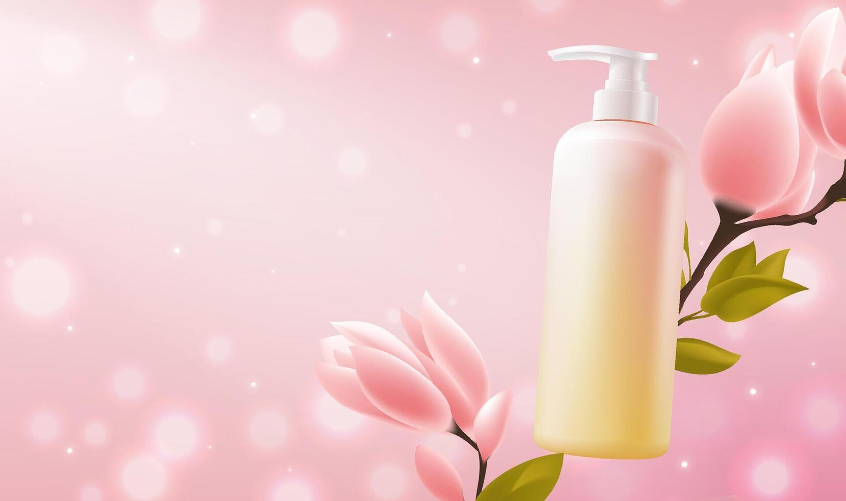 Horizontal template for cosmetics advertisements and pink bottle packaging design vector