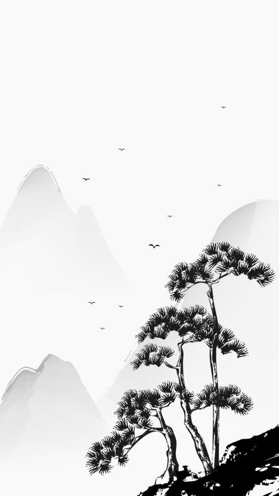 vertical watercolor ink art illustrations of pine trees and landscapes vector