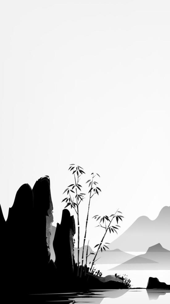 vertical watercolor ink art illustrations of bamboo and landscape vector
