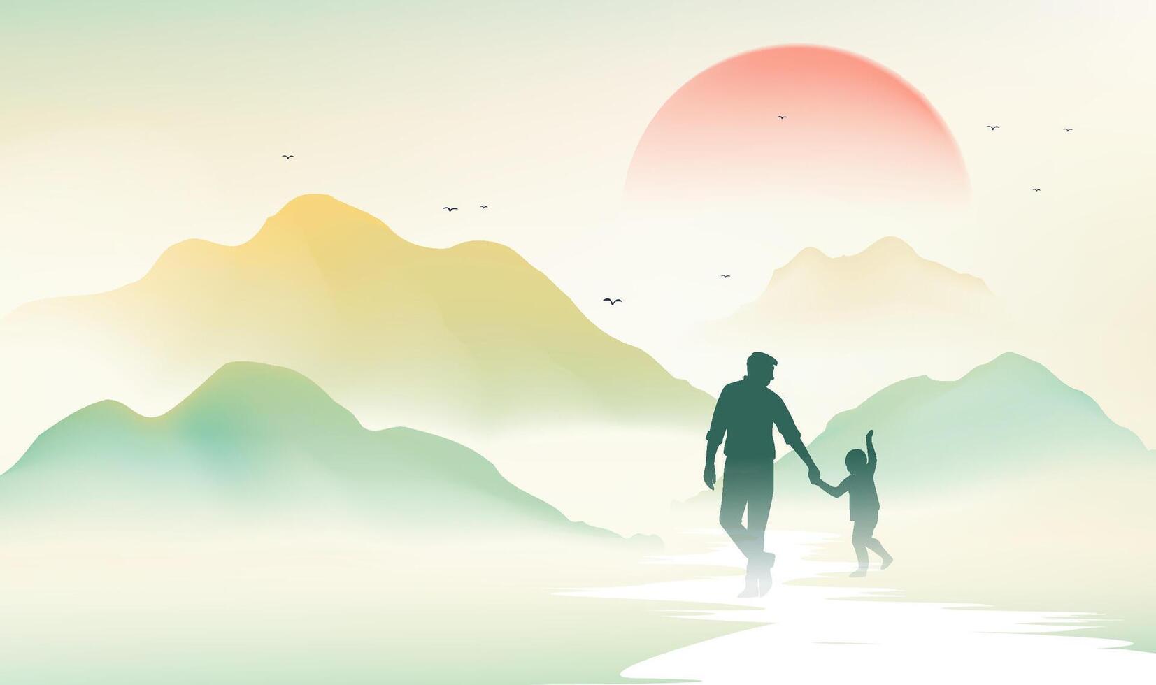 Father's Day horizontal illustration landscape and father and son silhouettes vector