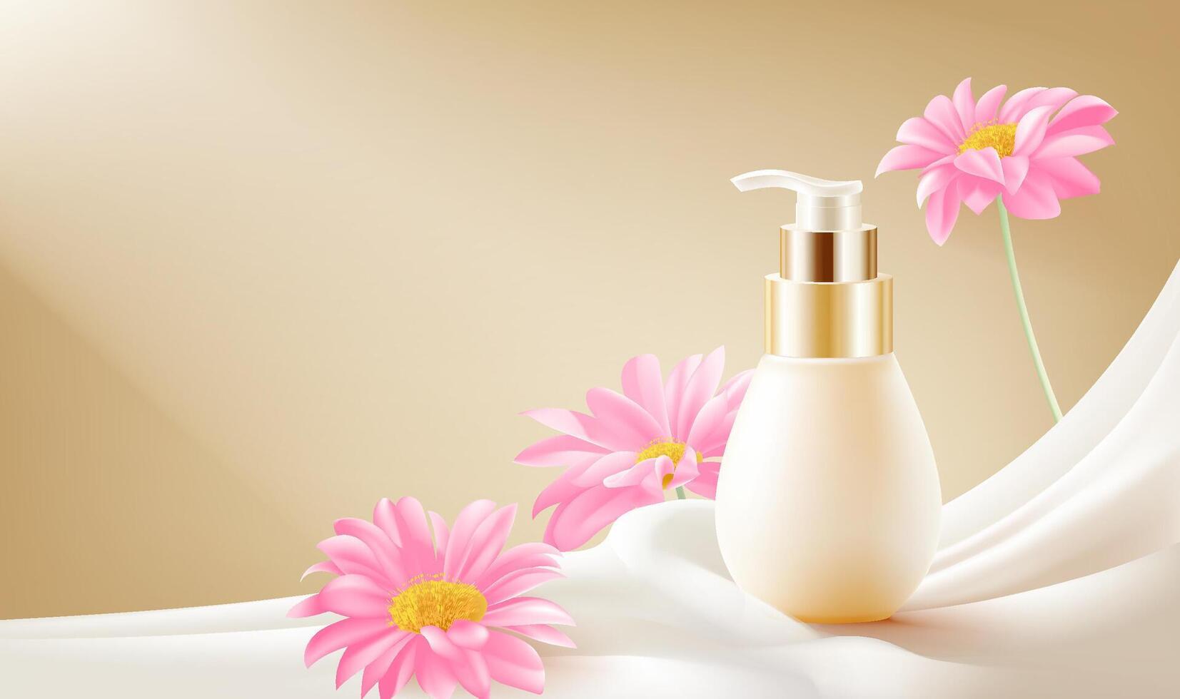 Horizontal template for cosmetics advertisements and beige bottle packaging design vector
