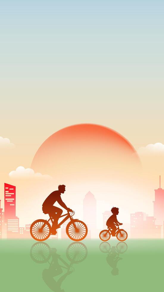 Father's Day vertical illustration of a father and son riding bicycles vector