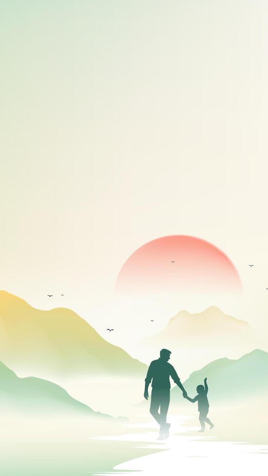 Father's Day vertical illustration landscape and father and son silhouettes vector