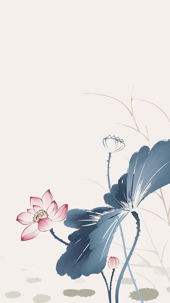 Vertical version of Chinese style ink painting color lotus vector