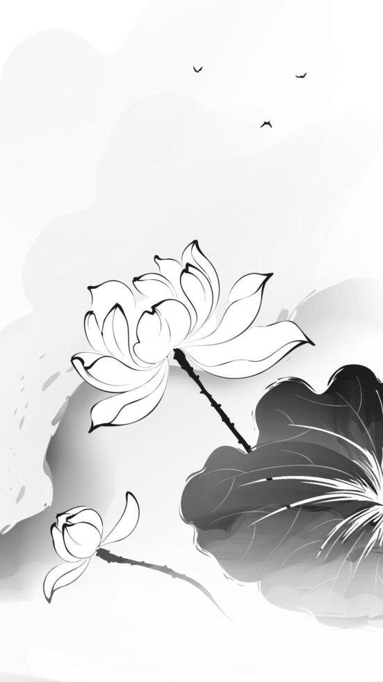 A vertical Chinese-style ink-wash painting featuring lotus flowers and landscapes vector
