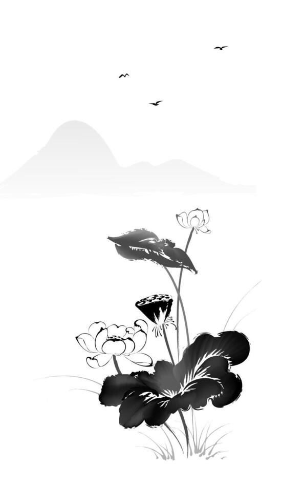 Vertical chinese style ink painting with lotus and landscape vector