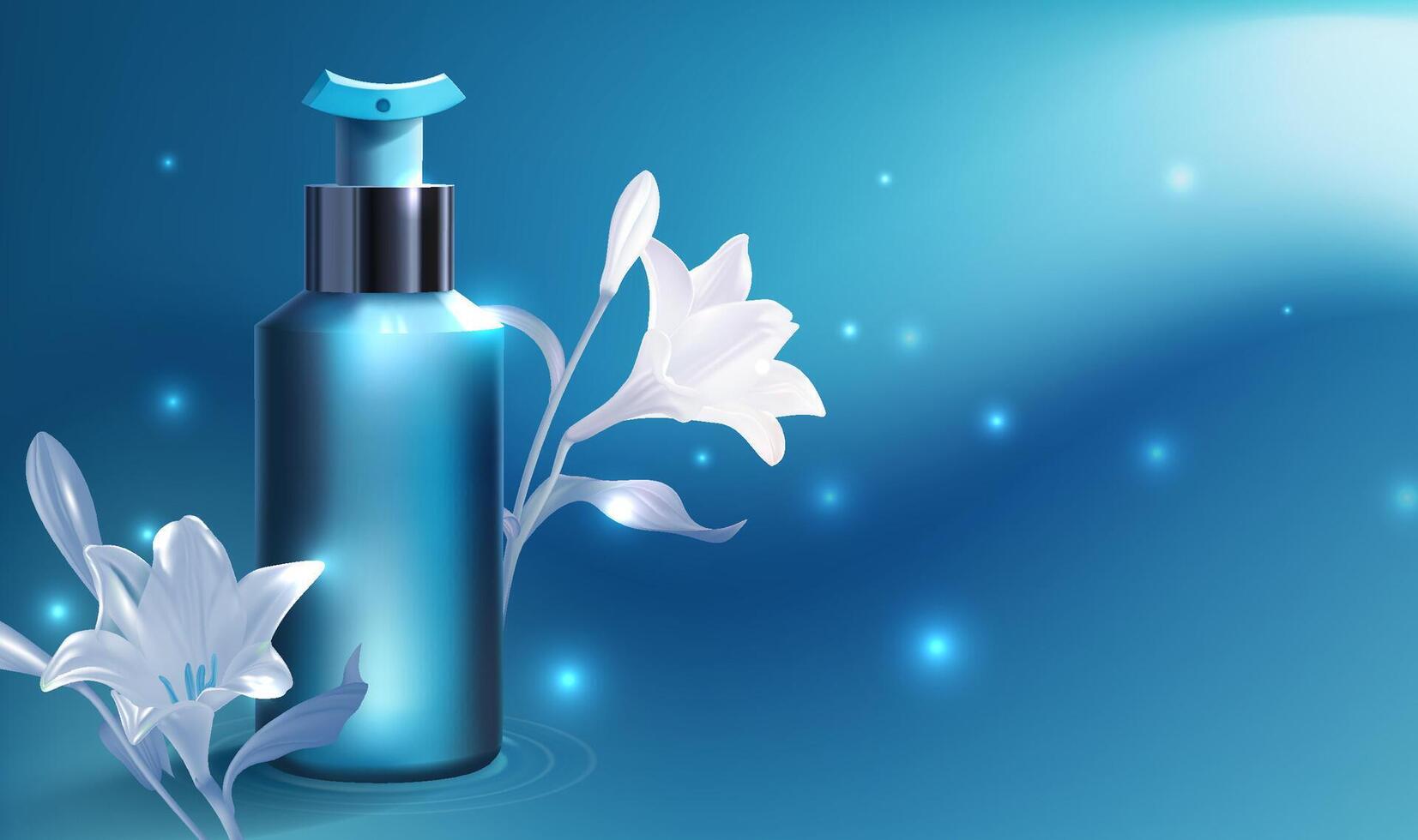 Horizontal template for cosmetic advertisements and blue bottle packaging design vector