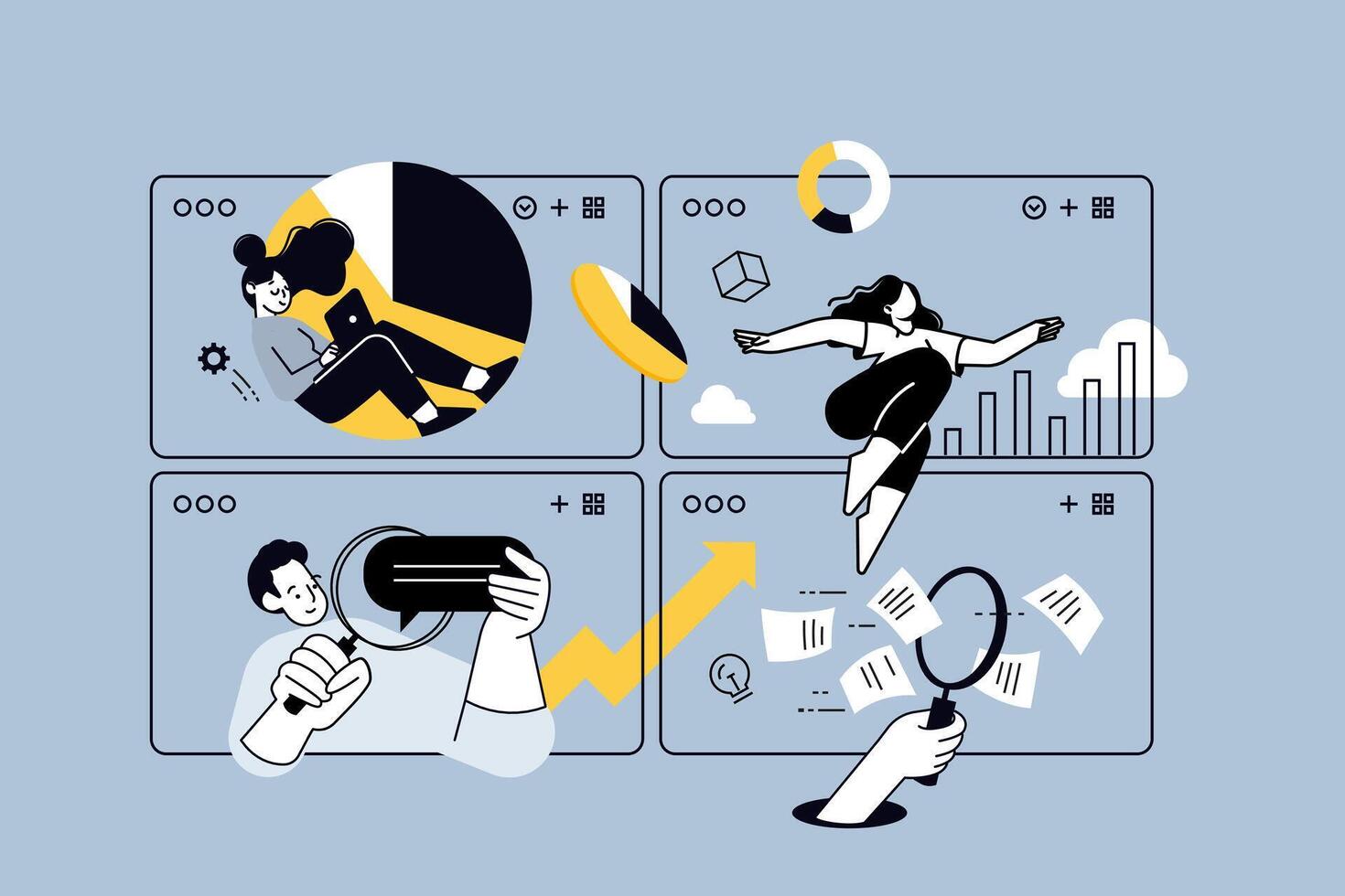 Creative illustrations of seo, report, analytics and analysis, business documents. concepts for web banner, social media banner, business presentation, marketing material. vector