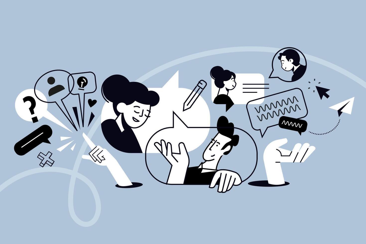 Creative illustration of exchange of creative ideas, information and opinions, communication. concept for web banner, social media banner, business presentation, marketing material. vector