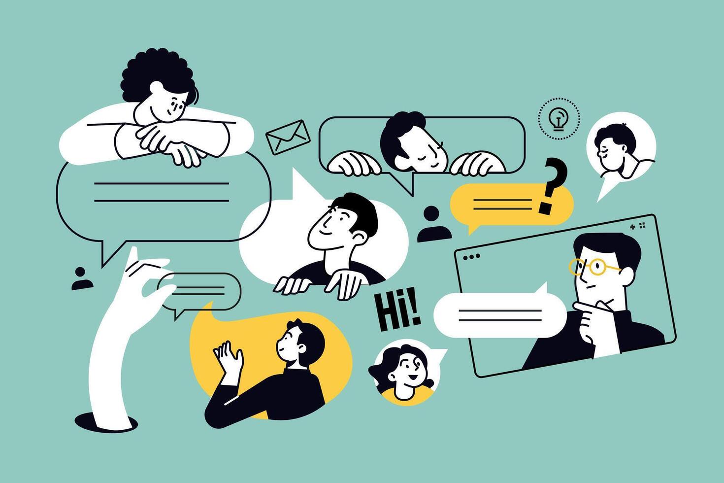 Creative illustration of communication, chatting, social network, call. concept for web banner, social media banner, business presentation, marketing material. vector