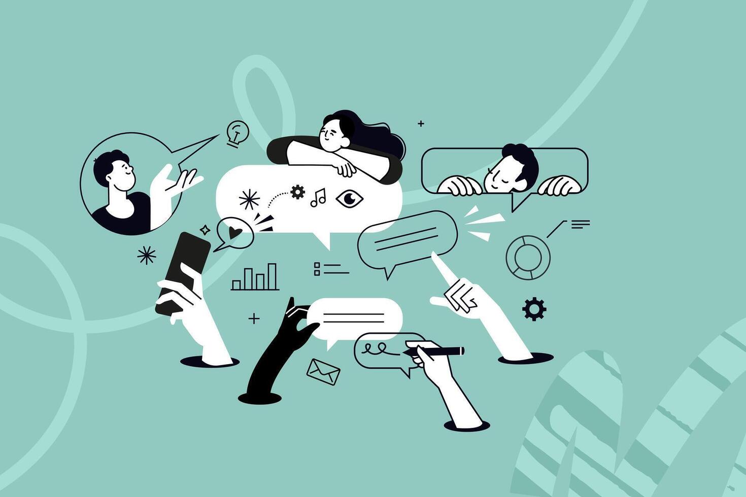 Creative illustration of social media, communication, teamwork. concept for web banner, social media banner, business presentation, marketing material. vector