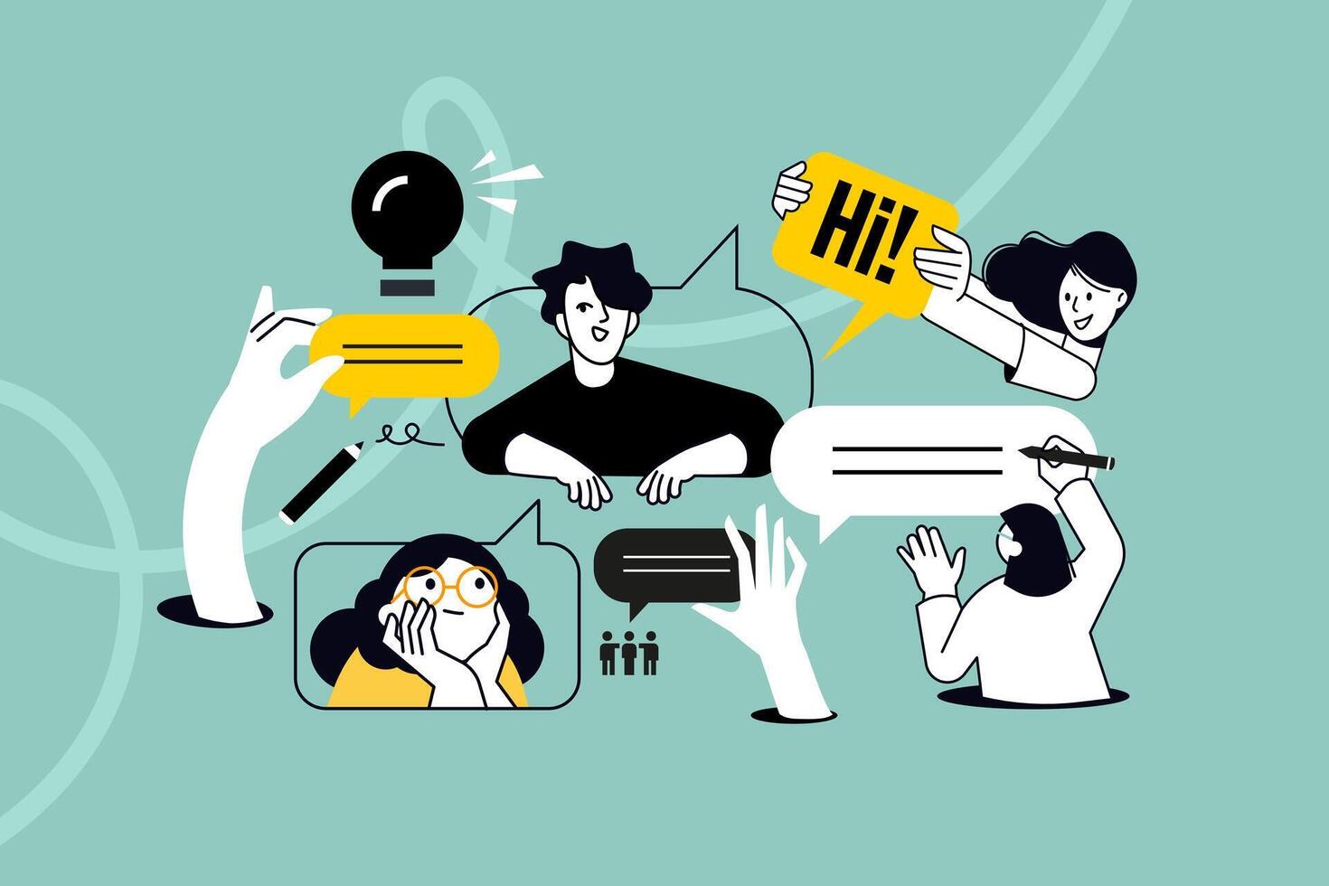 Creative illustration of online communication, testimonial, forum, chatting. concept for web banner, social media banner, business presentation, marketing material. vector