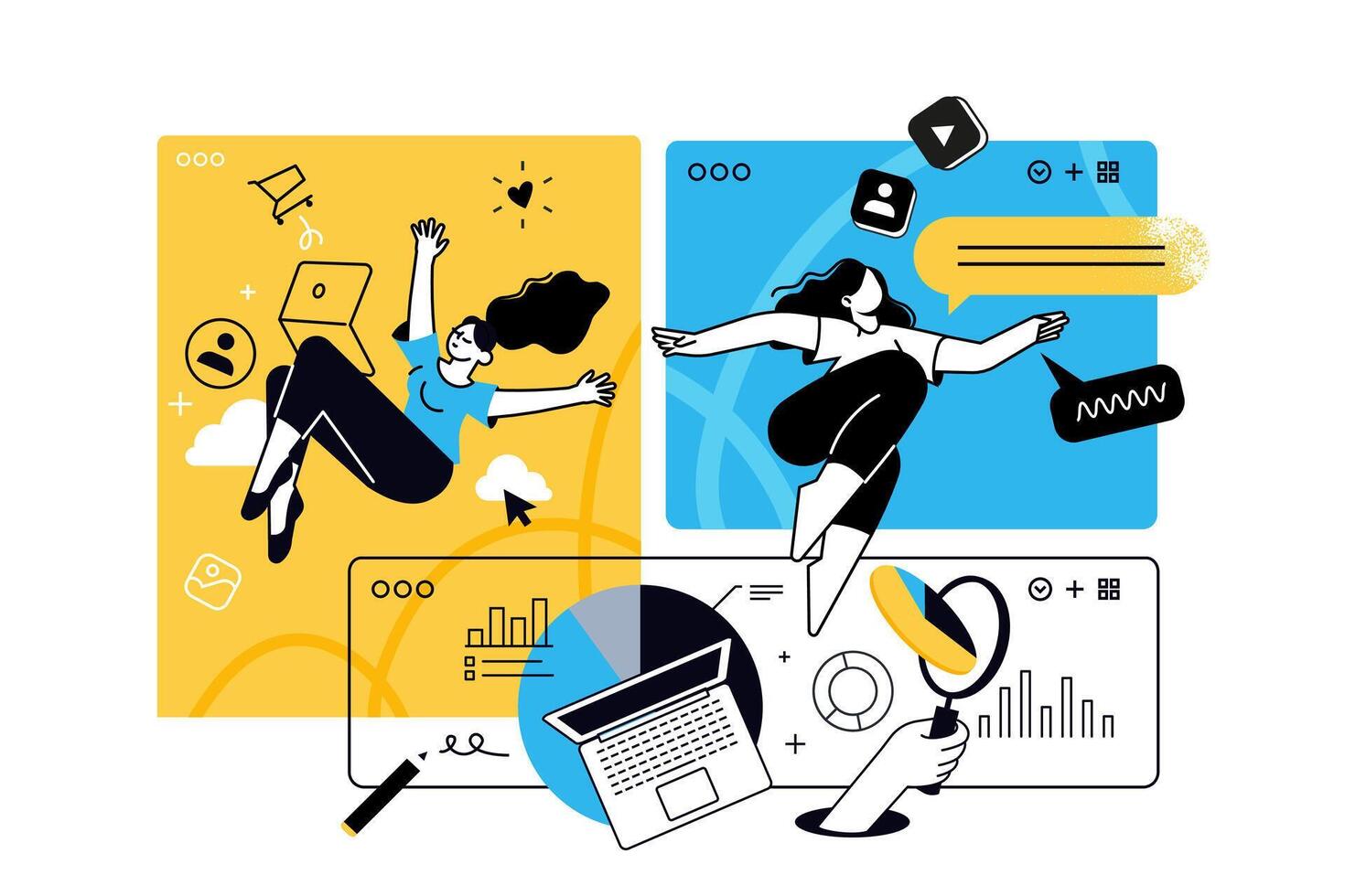 Creative illustrations of social network, cloud computing, seo, online business. concepts for web banner, social media banner, business presentation, marketing material. vector