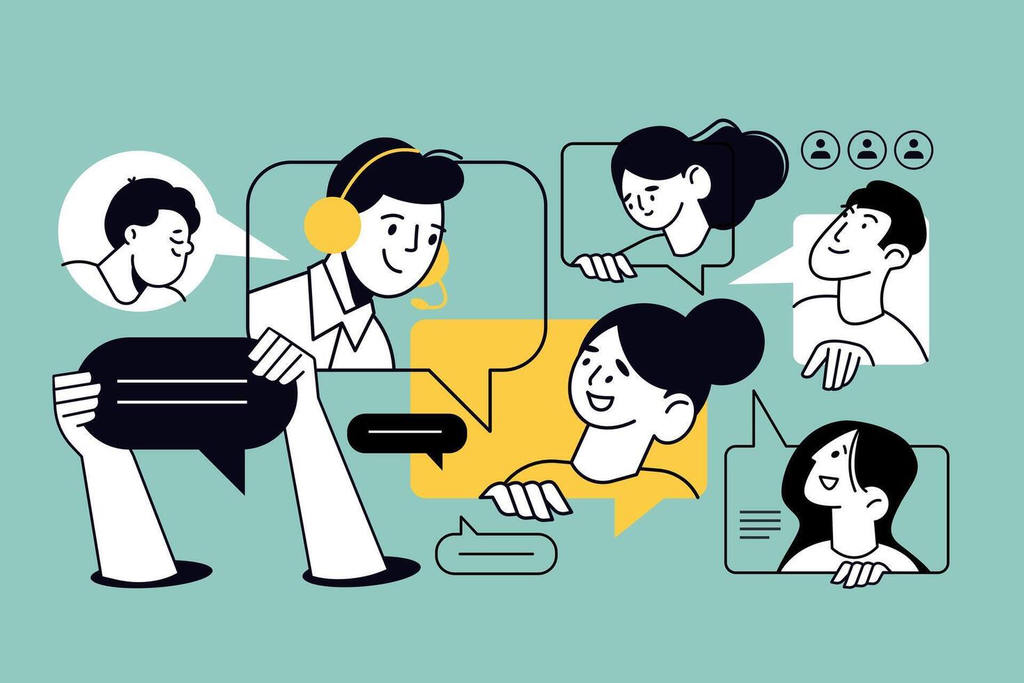 Creative illustration of support, online communication, conference call, call center. concept for web banner, social media banner, business presentation, marketing material. vector