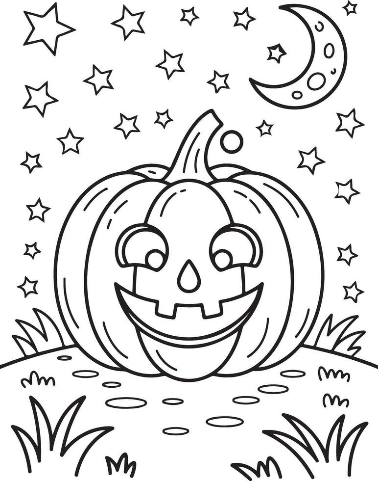 Pumpkin with Moon and Stars Halloween Coloring Page Adult coloring page vector
