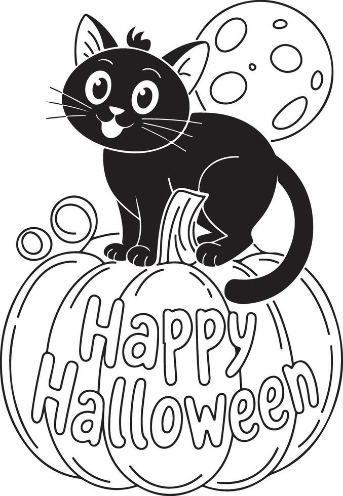 Cat on Pumpkin with Moon Adult coloring page vector