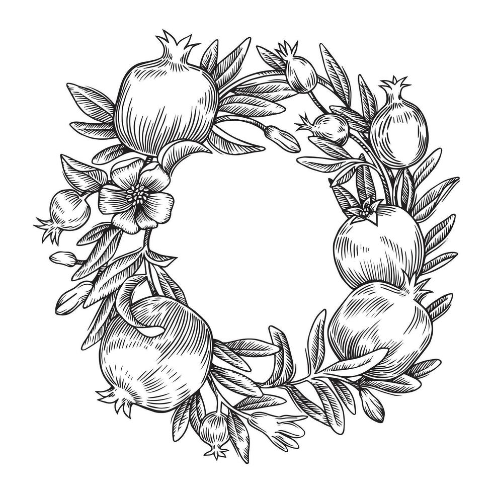 Wreath of pomegranate fruits and leaves. illustration in sketch style, engraving. vector