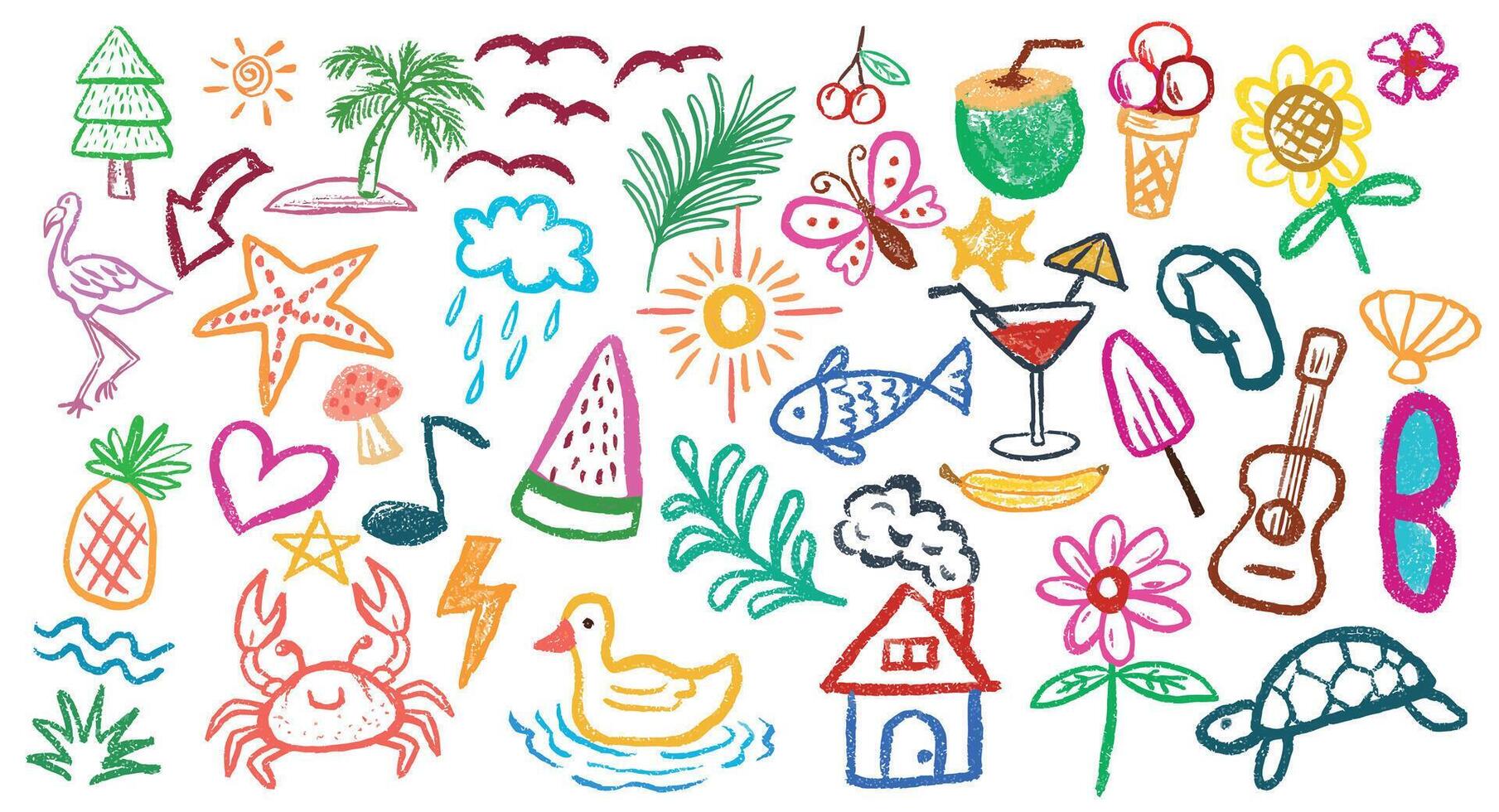 Crayon hand-drawn background with cute kids doodles. Color pencil sketch of flowers, houses, clouds, and summer elements. Fun and playful illustration vector