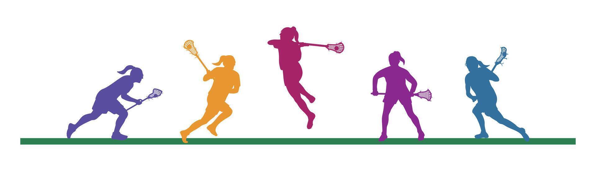 Colorful Silhouettes of Female Lacrosse Players in Action. Illustration vector