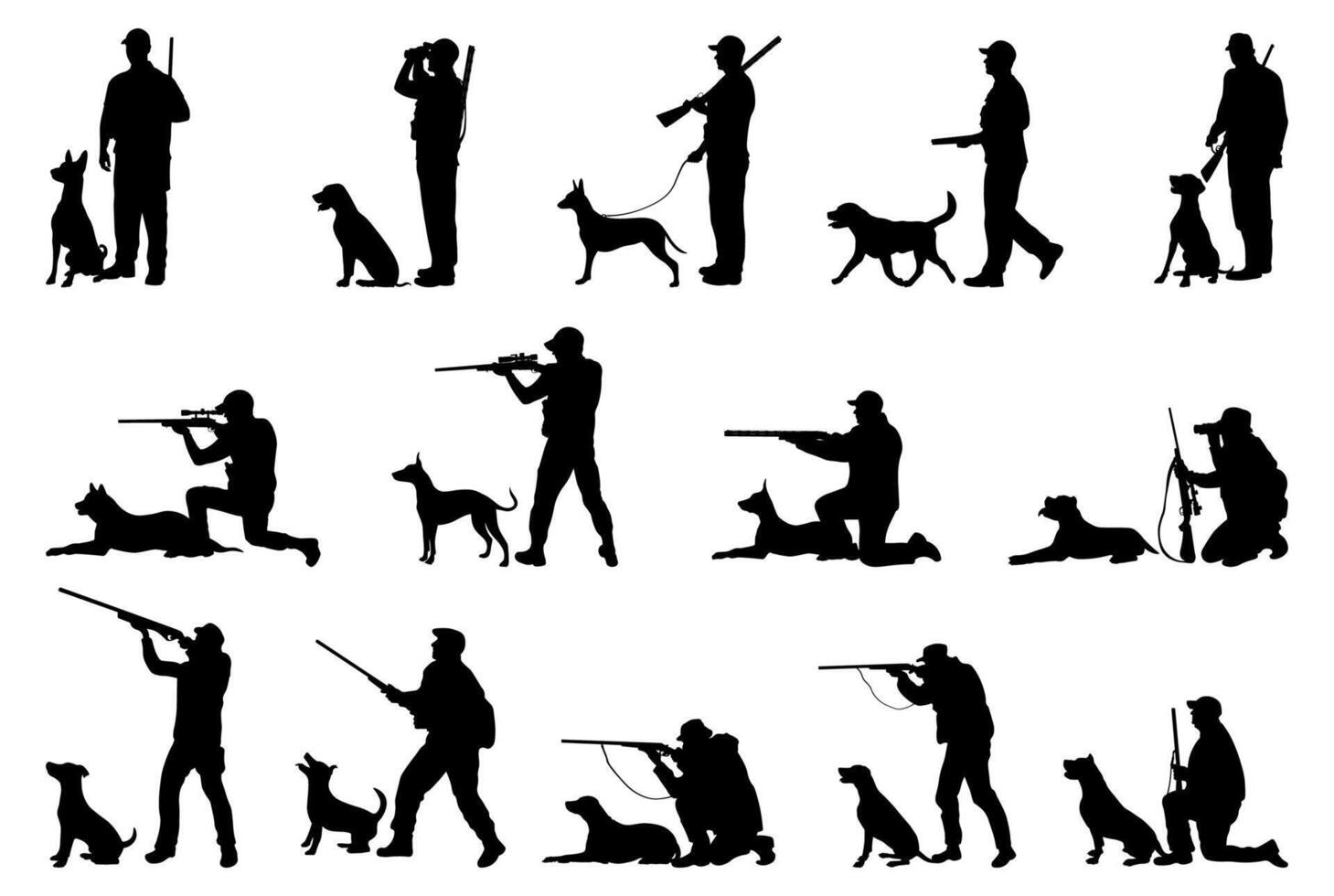Collection of silhouettes of hunters with their dogs vector