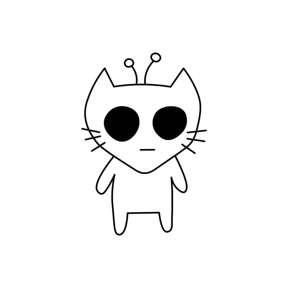 Alien cartoon cat with antennae and big round eyes, cute sci-fi black and white line drawing. Fun and positive design perfect for coloring, stickers, emoji sets, or playful graphics vector