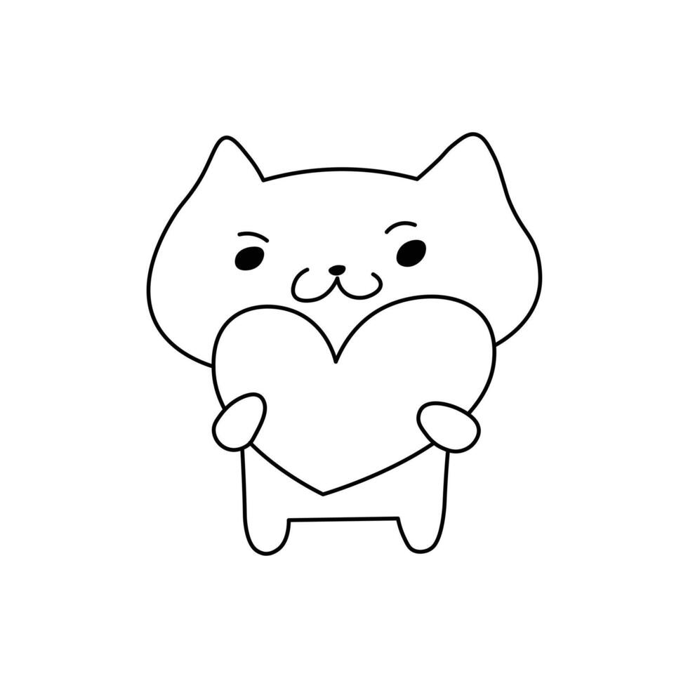 Cartoon cat holding a big heart with a determined face, cute and bold black and white line art illustration. Fun and positive design perfect for coloring, stickers, emoji sets, or playful graphics vector
