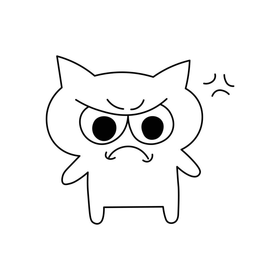 Angry cartoon cat with big eyes and frowning face, black and white line drawing. Fun and positive design perfect for coloring, stickers, emoji sets, or playful graphics vector