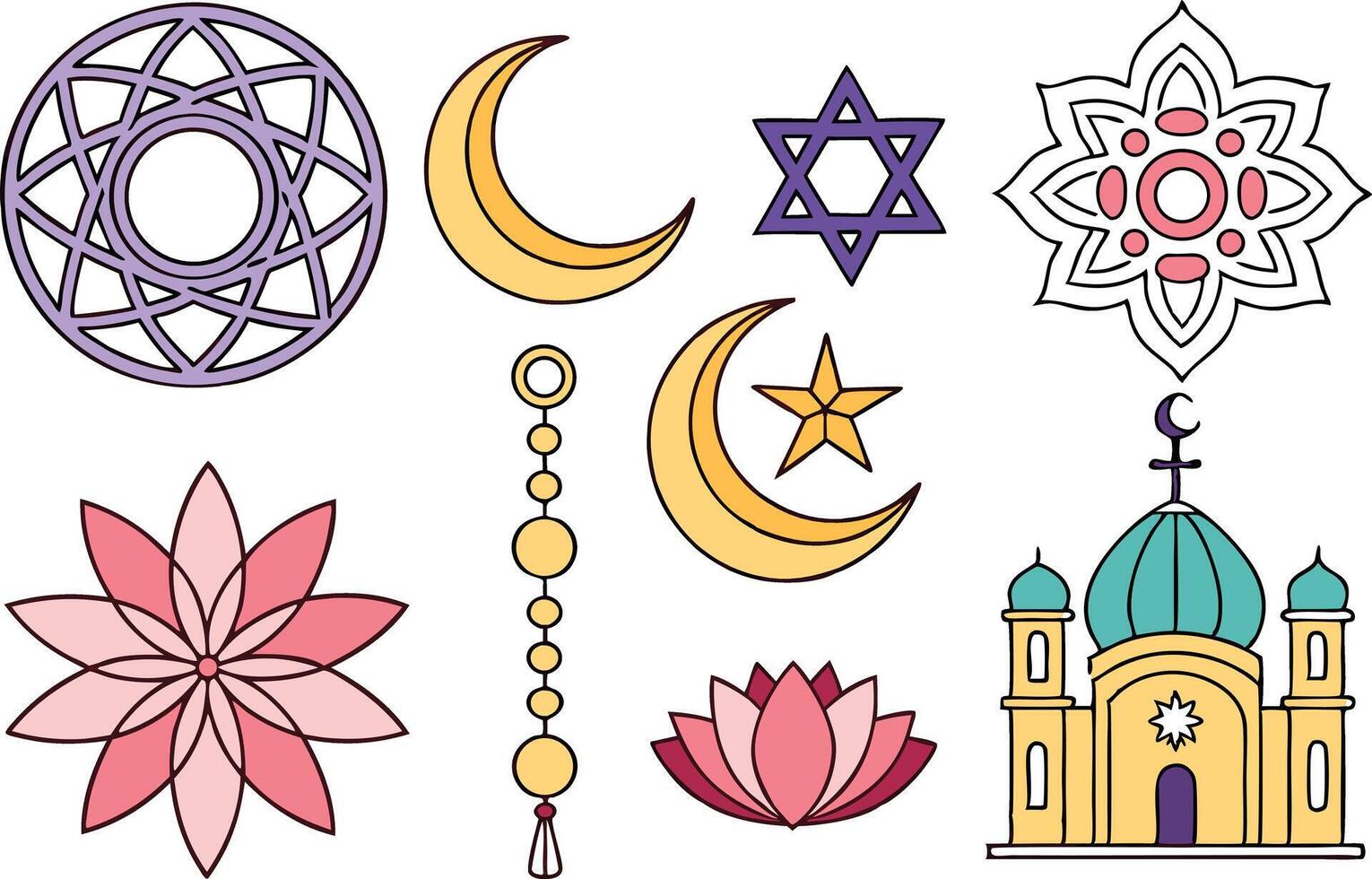 Spiritual and Religious Symbols Set in Vibrant Style vector