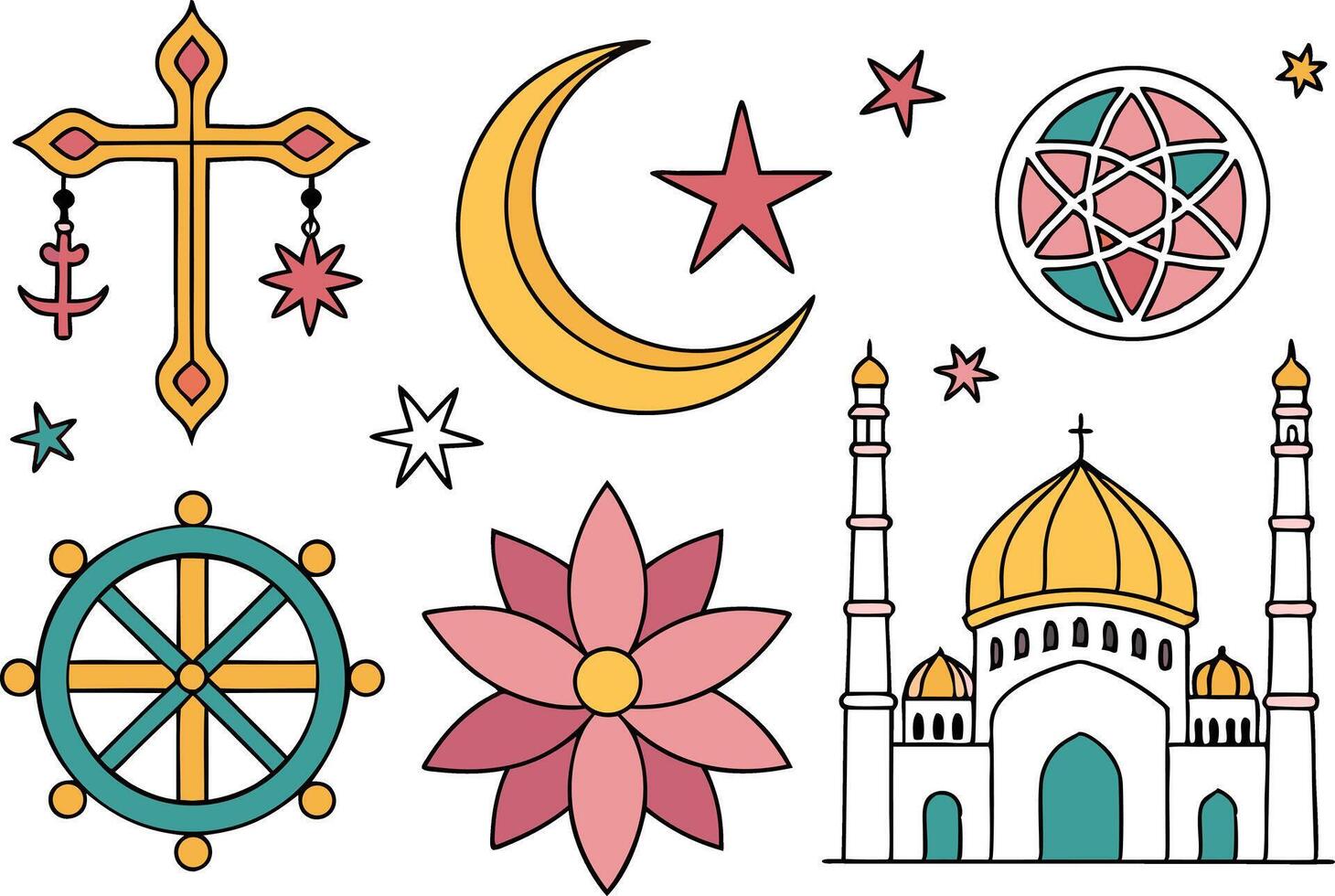 Collection of Colorful Religious and Spiritual Symbols vector