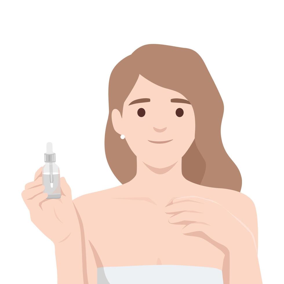 Woman with a gentle smile holds a dropper bottle of skincare serum. vector