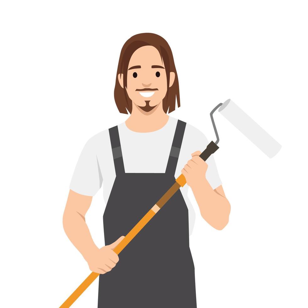 Man wearing overalls and a white shirt holds paint roller with a cheerful expression, Painting work. vector