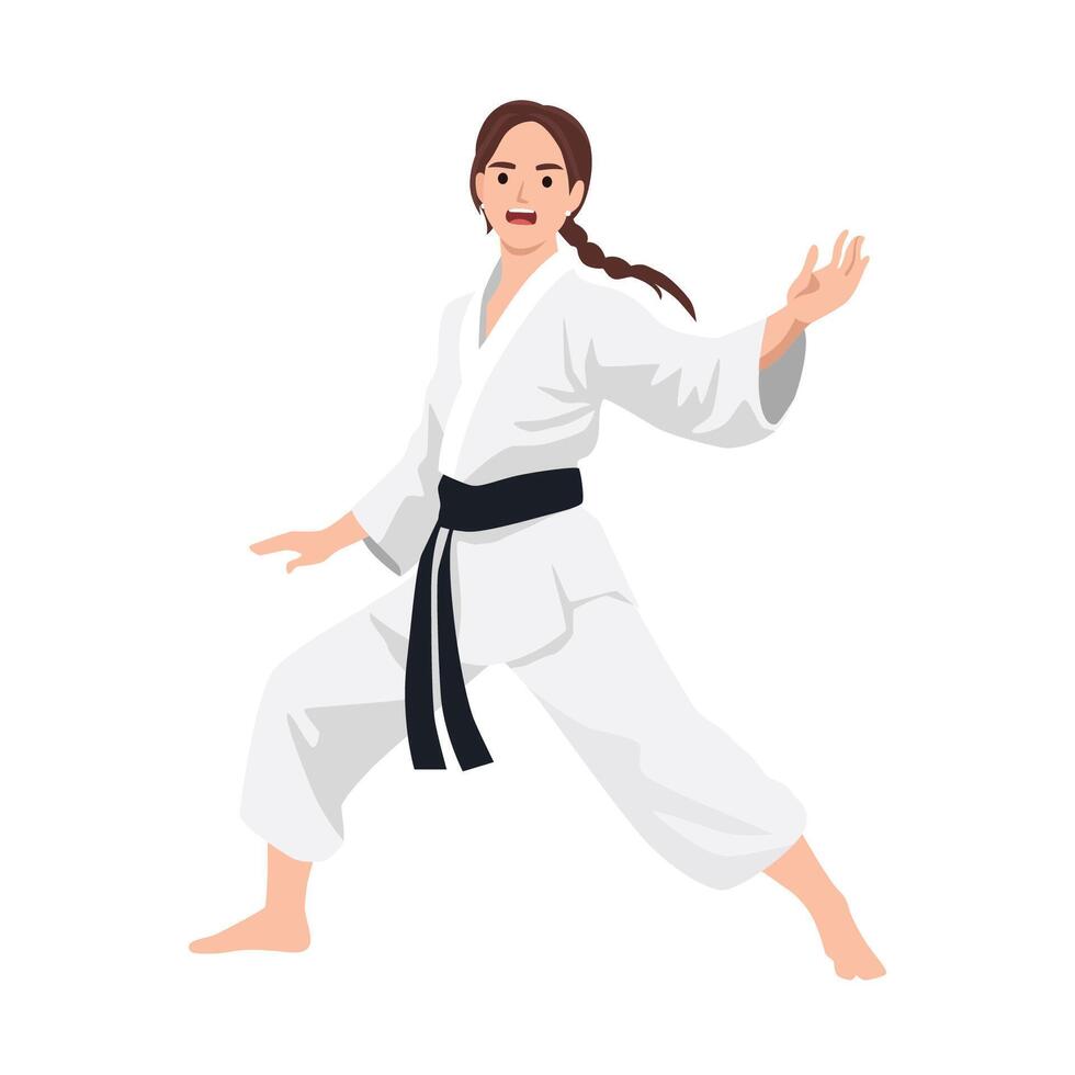 Determined woman in a white karate uniform performs a strong stance. vector