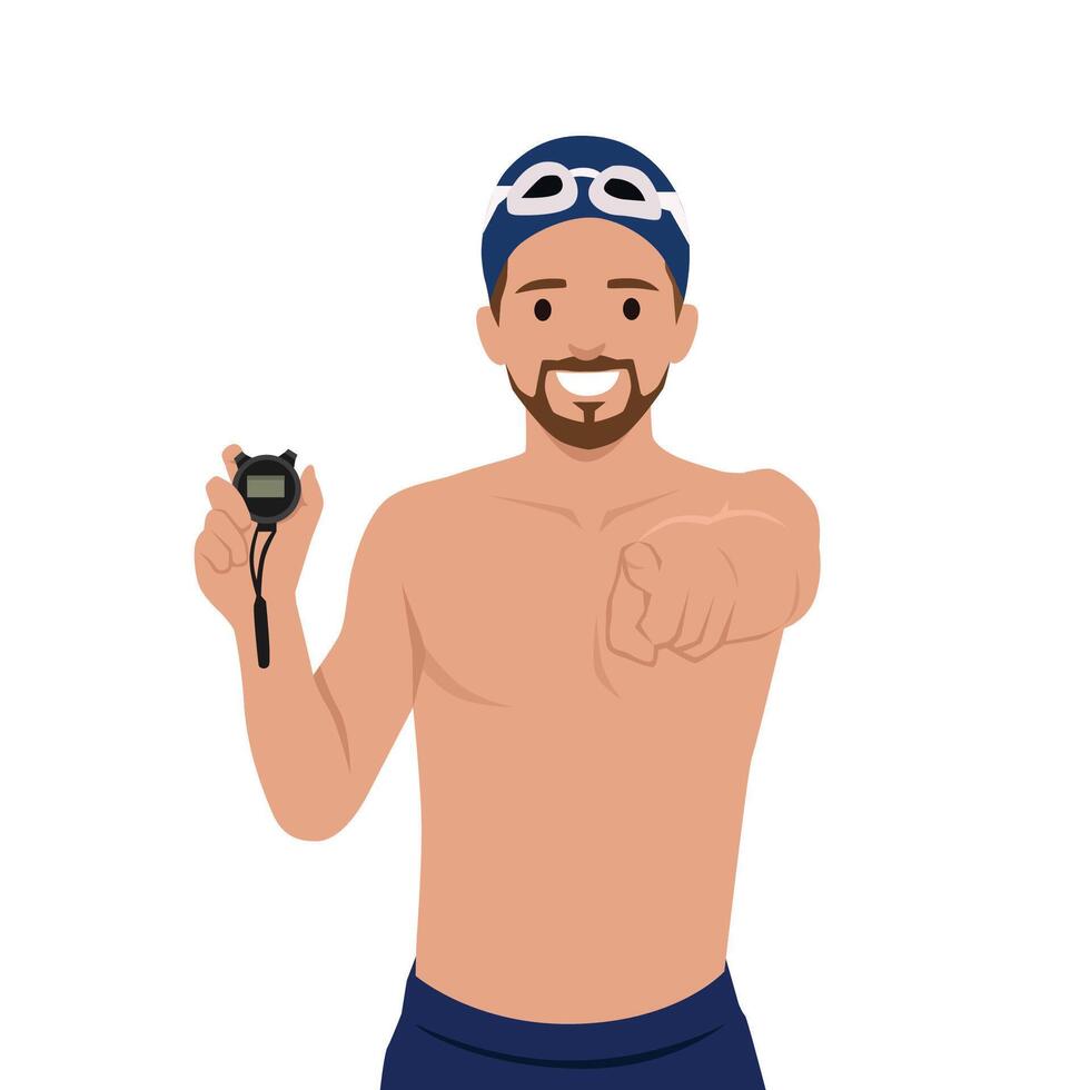 Swimming Coach Avatar with Stopwatch pointing at you. vector