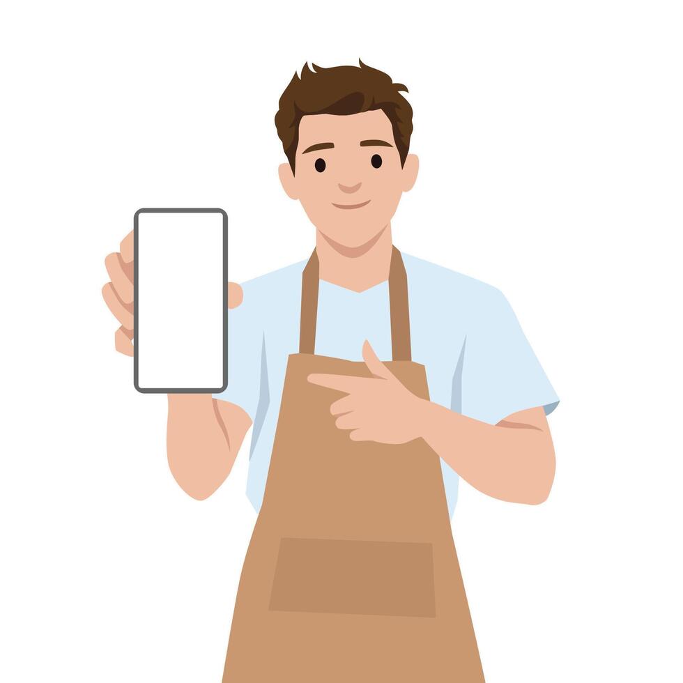 Man in Apron confidently holds and points at a blank smartphone screen. vector