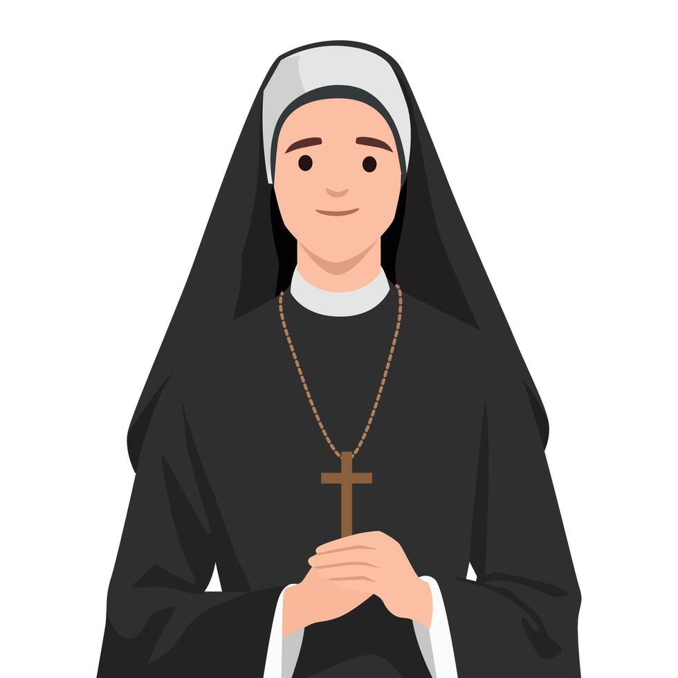 Nun dressed in black religious habit and veil stands with her hands folded, wearing cross necklace. vector