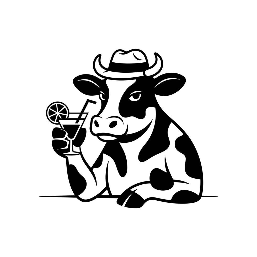 Stylish Cow A monochrome illustration depicts a cow in stylish attire, including a fedora and bow tie, holding a cocktail, embodying a whimsical, fun and unique concept. vector