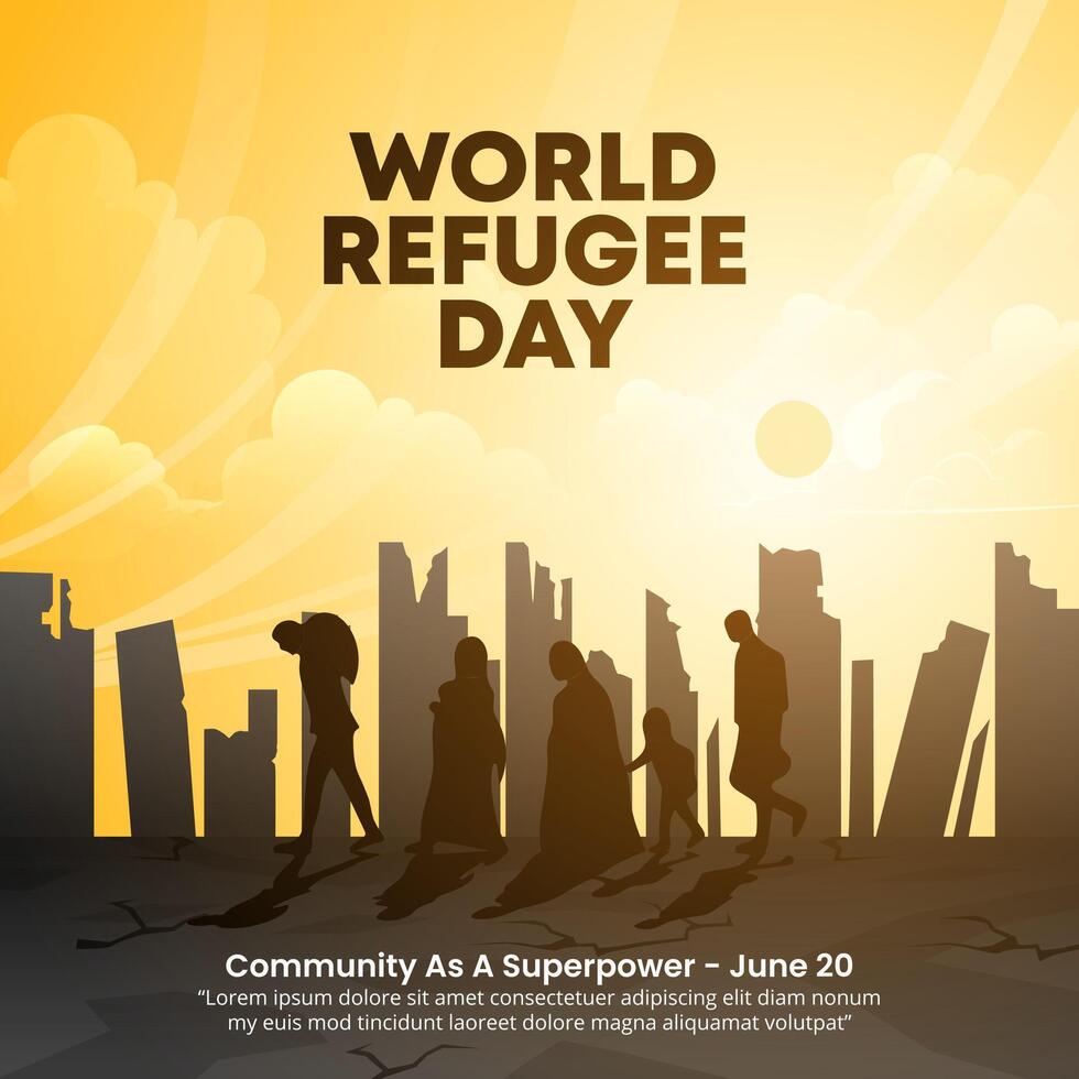 World Refugee Day design with refugees and a broken city vector