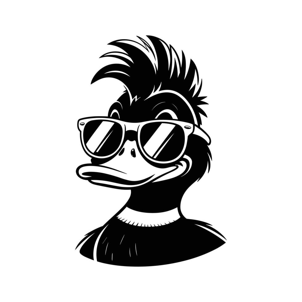 Cool Duck Icon A stylish black and white illustration featuring a cool duck wearing sunglasses with a trendy hairstyle. vector