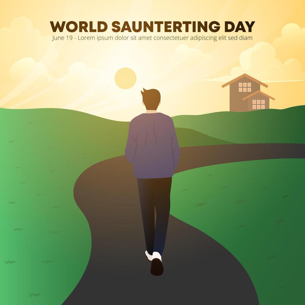 World Sauntering Day design with a man sauntering in the sunset vector